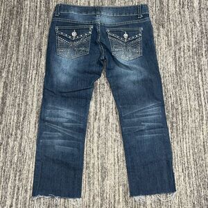 Discovery Clothing Womens Medium 30” Blue Rhinestone Flap Pockets Cut Off Capris